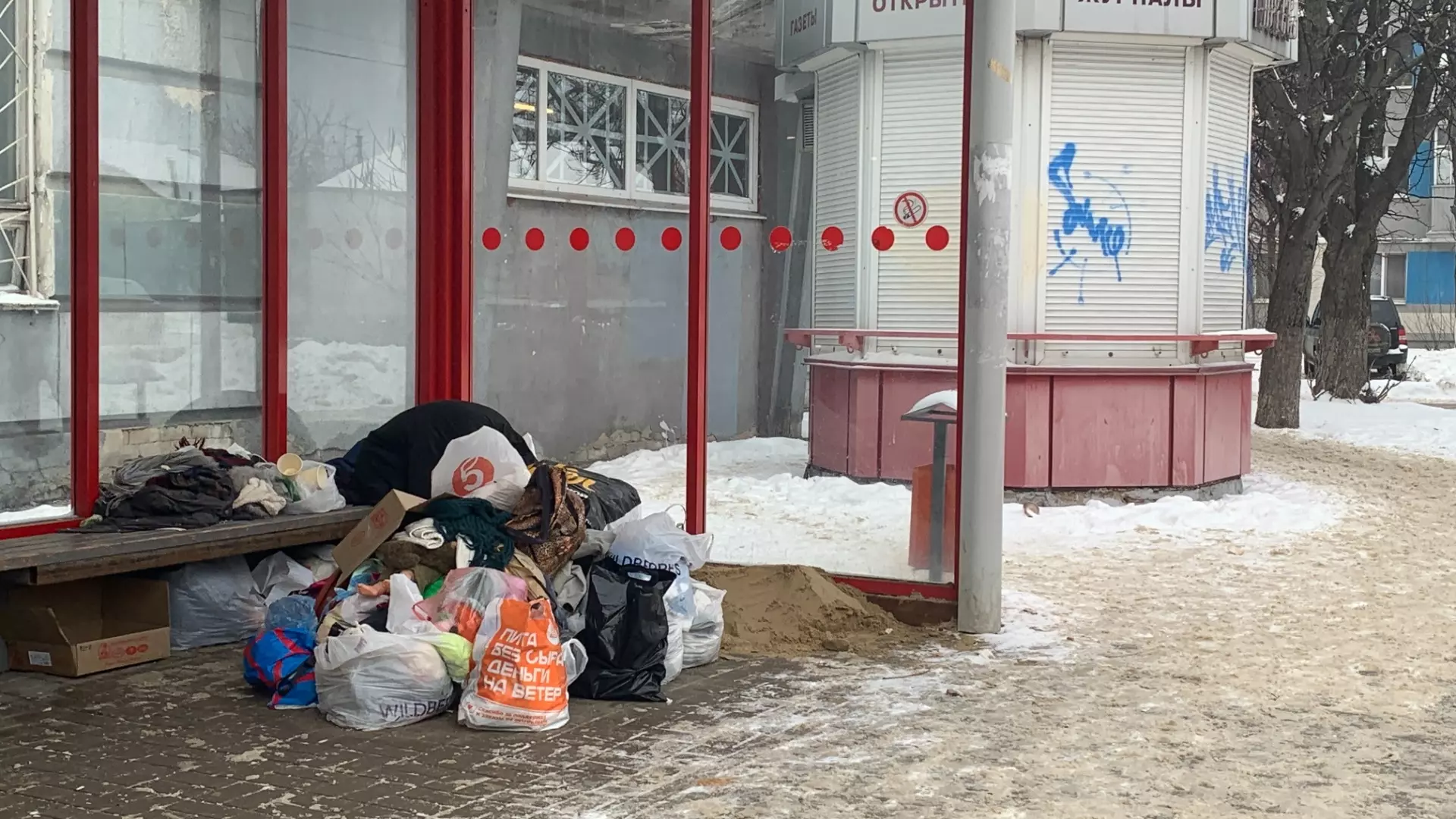 Пожилая женщина с мусором заняла почти всю остановку в центре Белгорода