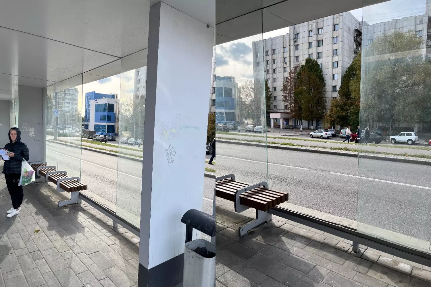 Разбитые и выбитые стёкла на остановке в Белгороде
